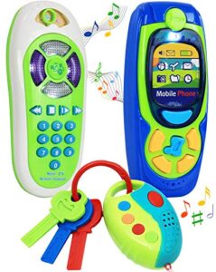 click n' play pretend play cell phone tv remote & car key accessory playset for kids with lights music & sounds (set of 3)
