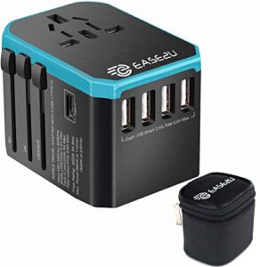 international adapter for travel, dual voltage hair dryer, straightener, curling iron travel adapter with 5 fast usb charger,type c,8a worldwide ac outlet max 2000w uk us au asia 200+ (blue)