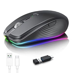 rechargeable wireless mouse, 2.4g rgb 4 adjustable dpi (max 3600) quiet ergonomic mouse with 6 buttons for pc, computer, laptop, chromebook,tablet, compact cordless mice, usb and usb c adapter (black)