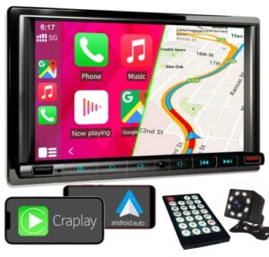 1280×720 hd touch screen car stereo with backup camera, 7 inch double din car stereo with apple carplay and android auto,car radio with bluetooth 5.2 and 16 segments eq， mirrorlink/2usb/swcaux/fm/am.