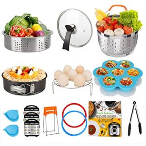 cooking accessories set compatible with instant pot accessories 8 qt only, 8 quart accessory kit with 2 baskets glass lid silicone sealing rings springform pan cookbook