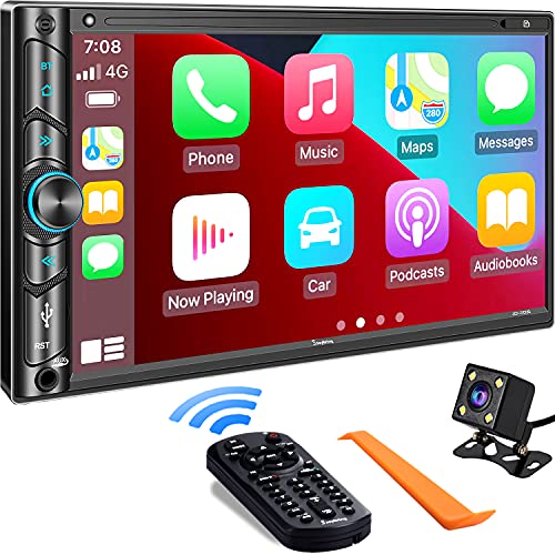 double din car stereo compatible with voice control apple carplay 7 inch hd lcd touchscreen monitor, bluetooth, subwoofer, usb/sd port, a/v input, am/fm car radio receiver, backup camera