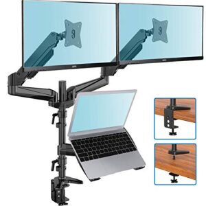 huanuo monitor and laptop mount, gas spring dual monitor stand with laptop tray fit two 13 to 27 inch flat curved computer screens and 10 to 16 inch notebooks with c clamp, grommet mounting base