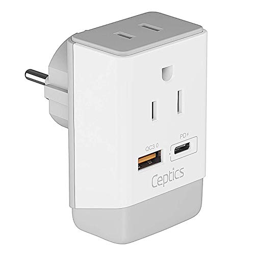 israel power adapter, qc 3.0 & pd by ceptics, safe dual usb & usb c 2 usa socket compact & powerful use in jerusalem, holy land, palestine, gaza strip type i ap 14 fast charging