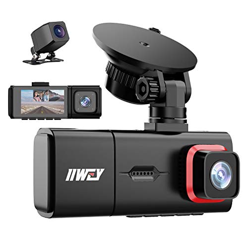 3 channel dash cam, iiwey full hd 1080p front and rear inside three way dash camera for cars, ir night vision, 2.45 inch ips screen, 24h parking monitor, motion detection for uber taxi driver