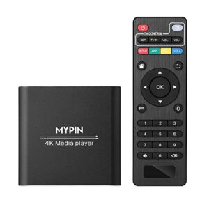 4k media player with remote control, digital mp4 player for 8tb hdd/ usb drive / tf card/ h.265 mp4 ppt mkv avi support hdmi/av/optical out and usb mouse/keyboard hdmi up to 7.1 surround sound (black)