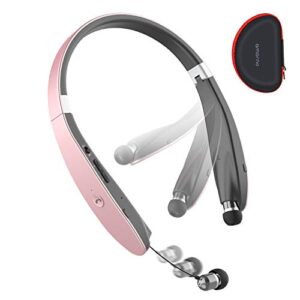 amorno foldable bluetooth headphones wireless neckband headset with retractable earbuds, sports sweatproof noise cancelling stereo earphones with mic …