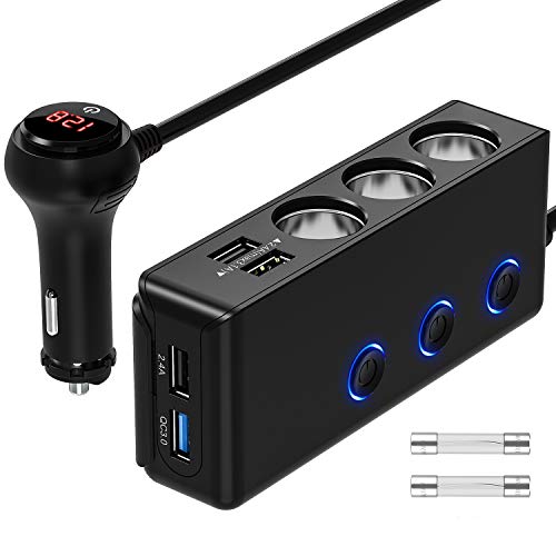 [updated version]quick charge 3.0 cigarette lighter adapter, 120w 12v/24v 3 socket power splitter dc outlet with 8.5a 4 usb ports multifunction car charger, led display voltage, upgraded on off switch
