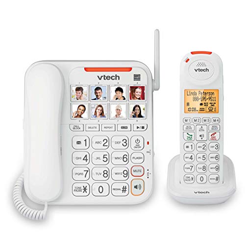 vtech sn5147 amplified corded/cordless senior phone with answering machine, call blocking, 90db extra loud visual ringer, one touch audio assist on handset up to 50db, big buttons and large display