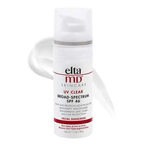 eltamd uv clear spf 46 face sunscreen, broad spectrum sunscreen for sensitive skin and acne prone skin, oil free mineral based sunscreen lotion with zinc oxide, dermatologist recommended, 1.7 oz pump