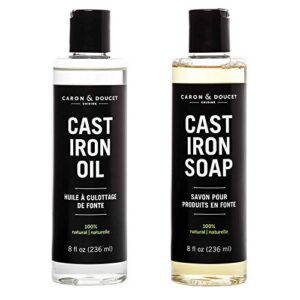 caron & doucet cast iron cleaning & conditioning set: seasoning oil & cleaning soap | 100% plant based & best for cleaning care, washing, restoring & seasoning cast iron skillets, pans & grills!