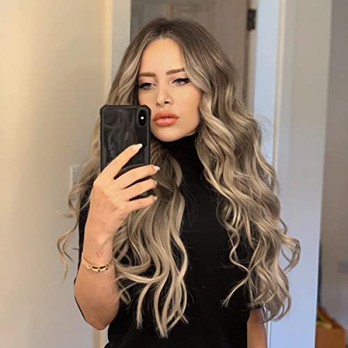 long wavy wig for women ombre blonde wigs synthetic curly hair wigs middle part heat resistant fibre for daily party use(blonde)