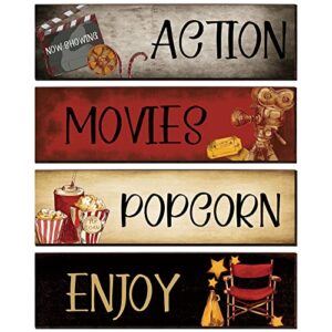movie theater decor 4 pieces wooden home theater decor vintage movie theater decor for home popcorn enjoy film classic decor rustic movie room wall decor media room wall art, 11 x 3 inches