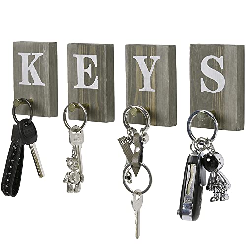 mygift key holder hooks vintage gray wood wall mounted key rack, 4 piece block panels with white keys letters and peg style hook