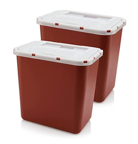 professional sharps container 2 gallon | large puncture resistant biohazard medical waste disposal box for safe needle and syringe collection | approved for home and professional use plus bio disposal guide (2 pack)