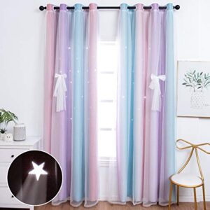 unistar 2 panels blackout stars curtains for kids girls bedroom aesthetic living room decor colorful double layer star cut out stripe pink rainbow window wall home decoration curtain,w52 x l63 inches