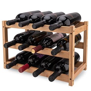 12 bottle bamboo wine rack countertop,3 tier wine rack shelf insert for cabinet,wine bottle storage shelf, freestanding wine rack bottles stand holder organizer