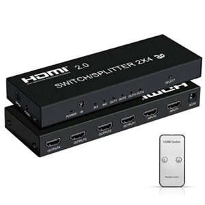 4k@60hz hdmi switch splitter 2 in 4 out with remote, avedio links 2x4 hdmi splitter switcher 4k with spdif & 3.5mm audio,support 4k,3d,1080p,hdcp2.2,hdr 10 for ps4,xbox,fire stick,etc