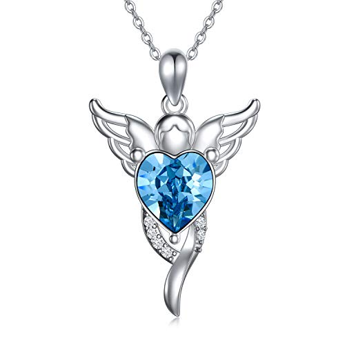 angel with heart necklace sterling silver guardian angel wings pendant with simulated aquamarine crystal, birthday baptism first communion gifts for girls daughter