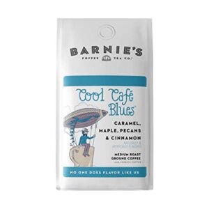 barnie's coffee tea co. ground with caramel maple pecan and cinnamon rum flavors, medium roasted arabica beans, gluten free, cool café blues, 12 oz bag