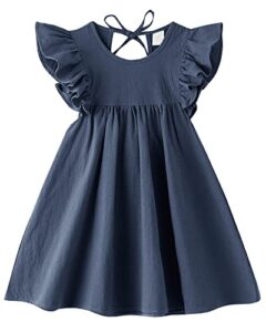 dutebare toddler cotton linen dress baby girl ruffle sleeve halter kids casual summer dresses navy blue 100