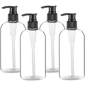 empty plastic pump bottles dispenser 4 pack 16oz/500ml portable clear bpa free cylinder shampoo lotion hand pump bottle durable refillable containers for massage oil, liquid soap