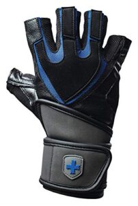 harbinger training grip wristwrap weightlifting gloves with techgel padded leather palm (pair), medium, black/blue