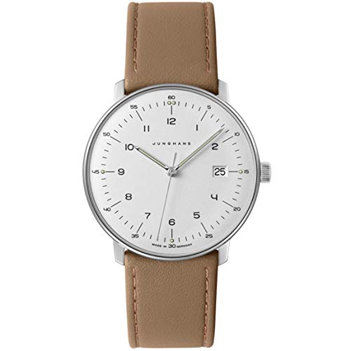 junghans men's max bill stainless steel quartz watch with leather calfskin strap, beige, 20 (model: 041/4562.04)