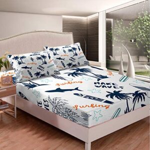 palm tree bed sheet set surfboard bedding set surfing sports fitted sheet for children kids boys microfiber hawaiian tropical bed cover shark starfish room decor twin size