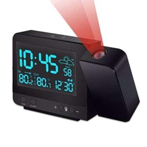 projection alarm clock on ceiling wall with indoor/outdoor thermometer hygrometer, weather station, dual alarm, colorful backlight, and usb charging for bedroom