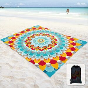 sunlit silky soft 106"x81" boho sand proof beach blanket sand proof mat with corner pockets and mesh bag for beach party, travel, camping and outdoor music festival, peacock blue flower mandala