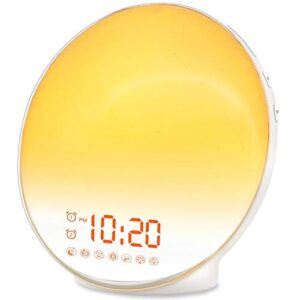 wake up light sunrise alarm clock for kids, heavy sleepers, bedroom, with sunrise simulation, sleep aid, dual alarms, fm radio, snooze, nightlight, daylight, 7 colors, 7 natural sounds, ideal for gift