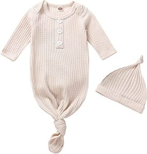 baby girl boy coming home knotted gown unisex newborn infant sleep onesie outfit cute baby winter pajamas (a waffle knit cream,0 3 months)