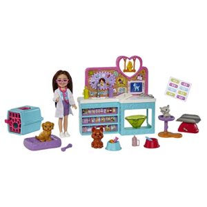 barbie chelsea doll and accessories, pet vet playset with doll, 4 animals and 18 pieces