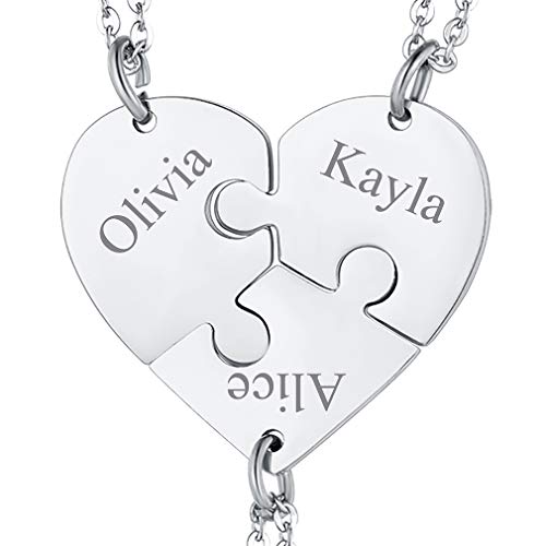 faithheart personalized custom bff necklace for 3, stainless steel heart puzzle matching pieces pendant neck charms jewelry for family fashion good friends necklaces, teens girls gifts