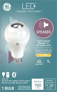 ge led+ speaker light bulb, soft white, bluetooth speaker, no app or wi fi required, remote included, a21 light bulb (1 pack)