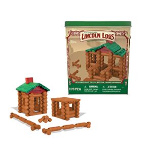 lincoln logs –100th anniversary tin 111 pieces real wood logs ages 3+ best retro building gift set for boys/girls creative construction engineering – top blocks game kit preschool education toy, brown (854)