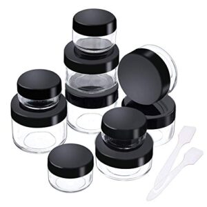 onwon 10 pieces empty clear plastic makeup sample containers with 2 pieces mini spatula 3/5 / 10/15 / 20 gram size cosmetic pot jars with screw cap lids