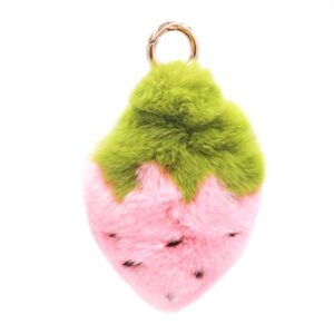 surell real rex rabbit fur strawberry fruit keychain kawaii pom pom bag purse food charm adorable straw berry gold ring fluffy fur ball fashion gift (pink, green)