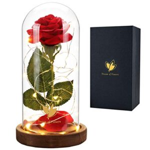 xmas gifts for women christmas rose gift for her beauty and the beast red rose flower in glass dome with christmas lights, artificial roses gift for mom girlfriend women anniversary decorations