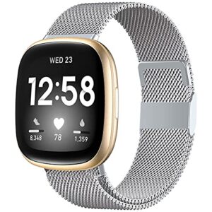 zwgkkygyh compatible with fitbit versa 3 sense bands for women men and fitbit sense 2 versa 4 bands, stainless steel metal mesh band breathable replacement accessories bracelet strap, large silver