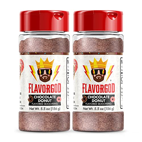 chocolate donut topper seasoning mix, 2 bottles by flavor god premium all natural & healthy spice blend for coffee, oatmeal, pancakes & smoothies kosher, low sodium, & gluten free