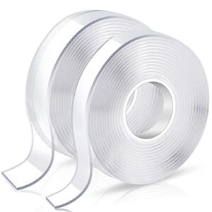 double sided tape heavy duty, double stick mounting adhesive tape (2 rolls, total 20ft), clear two sided wall tape strips, removable poster tape for home, office, car, outdoor use, damage free