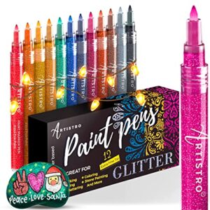glitter paint pens for rock painting, stone, ceramic, glass, wood, fabric, scrapbooking, diy craft making, art supplies, card making, coloring. set of 12 acrylic glitter markers extra fine tip 0.7mm