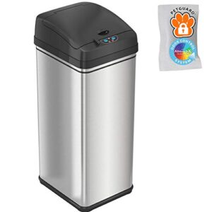 itouchless 13 gallon pet proof sensor trash can with absorbx odor filter kitchen garbage bin prevents dogs & cats opening lid, plus, stainless steel with petguard
