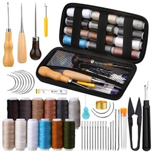 leather sewing kit, upholstery repair kit, 48pcs leather stitching kit with upholstery thread, sewing awl, seam ripper, needles, thimble for repair, stitching, diy leather crafting
