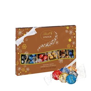 lindt lindor holiday assorted chocolate truffles deluxe gift box, assorted chocolate candy with smooth, melting truffle center, 15.2 oz. (2022)