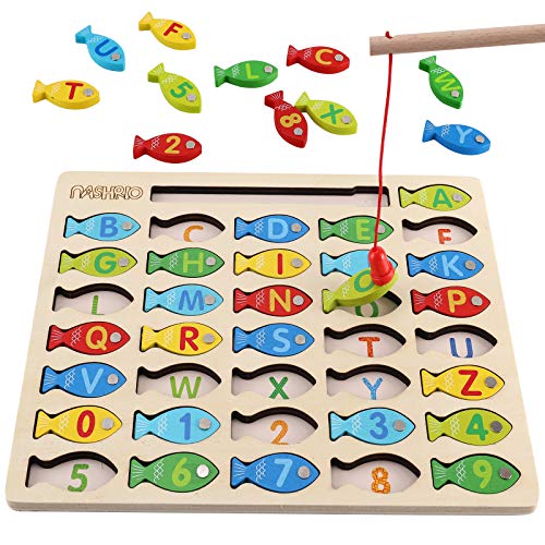magnetic wooden fishing game toy for toddlers, alphabet fish catching counting games puzzle with numbers and letters, preschool learning abc and math educational toys for 3 4 5 years old girl boy kids