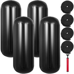 mophorn boat fenders 10 x 28 inches, vinyl boat fender pack of 4, ribbed twin eyes boat bumpers black and pump to inflate
