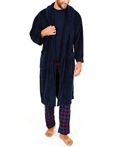 nautica mens nautica men's long sleeve cozy soft plush shawl collar bathrobe, navy, one size us
